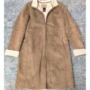 Ralph Lauren Brown Faux Suede Shearling Lined Long Overcoat Palomino Women Sz L